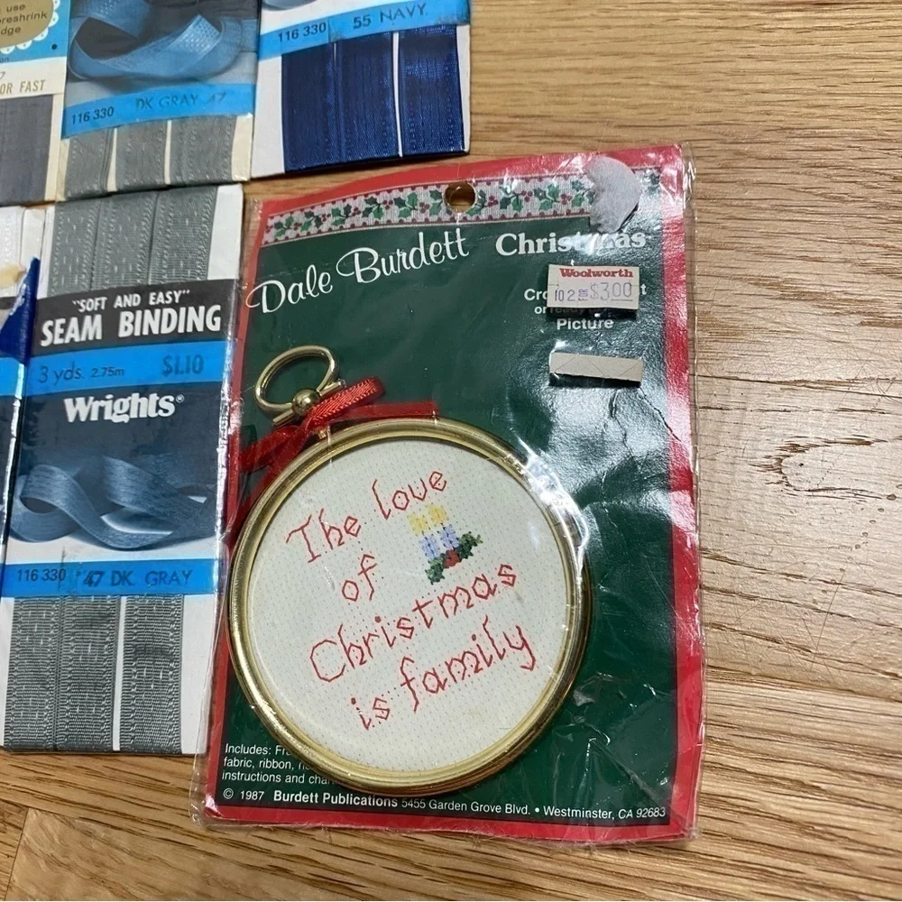 Vintage Sewing Cross Stitch Christmas Kit Bundle NEW Seam Binding Wright’s Brown